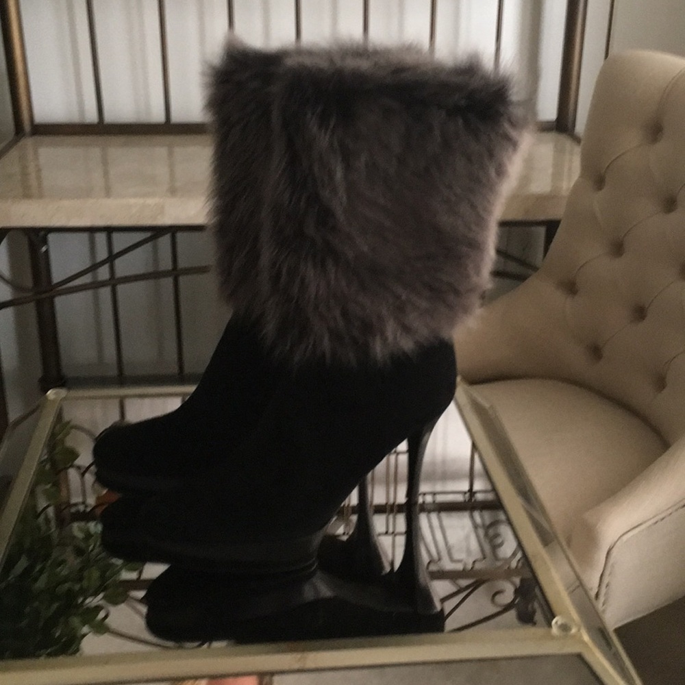 black suede and faux fur high heel boots